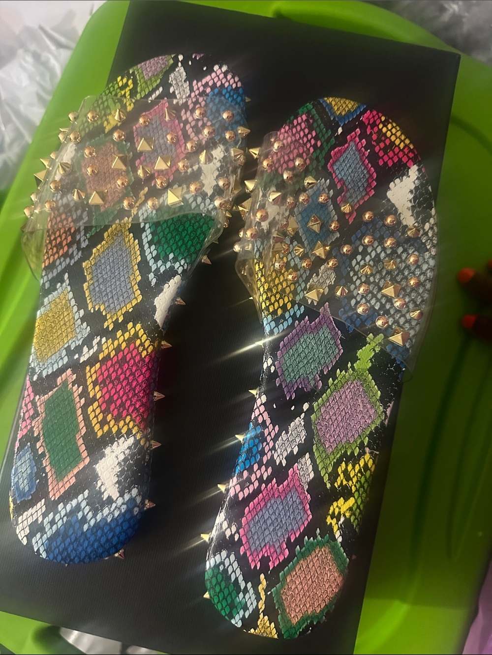 Studded Clear-Strap Snake Print Slide Sandals in Multicolor